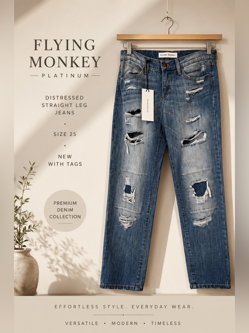 Flying Monkey Platinum Distressed Straight Leg Jeans Size 25